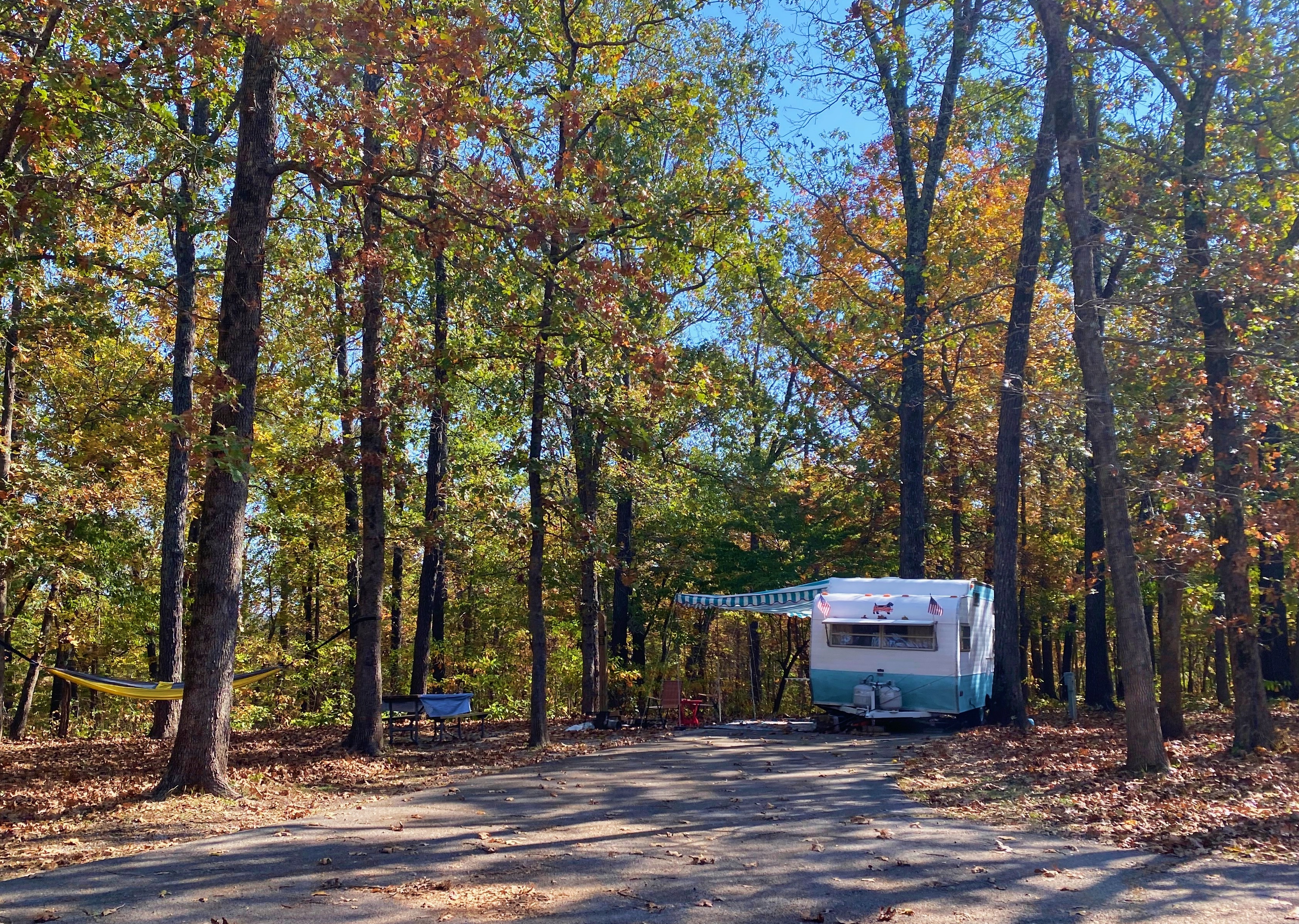  RV camping in the woods in the fall