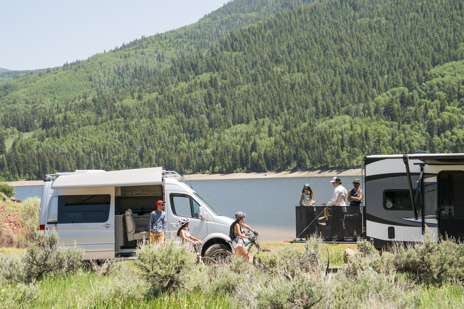 RV parked by a river