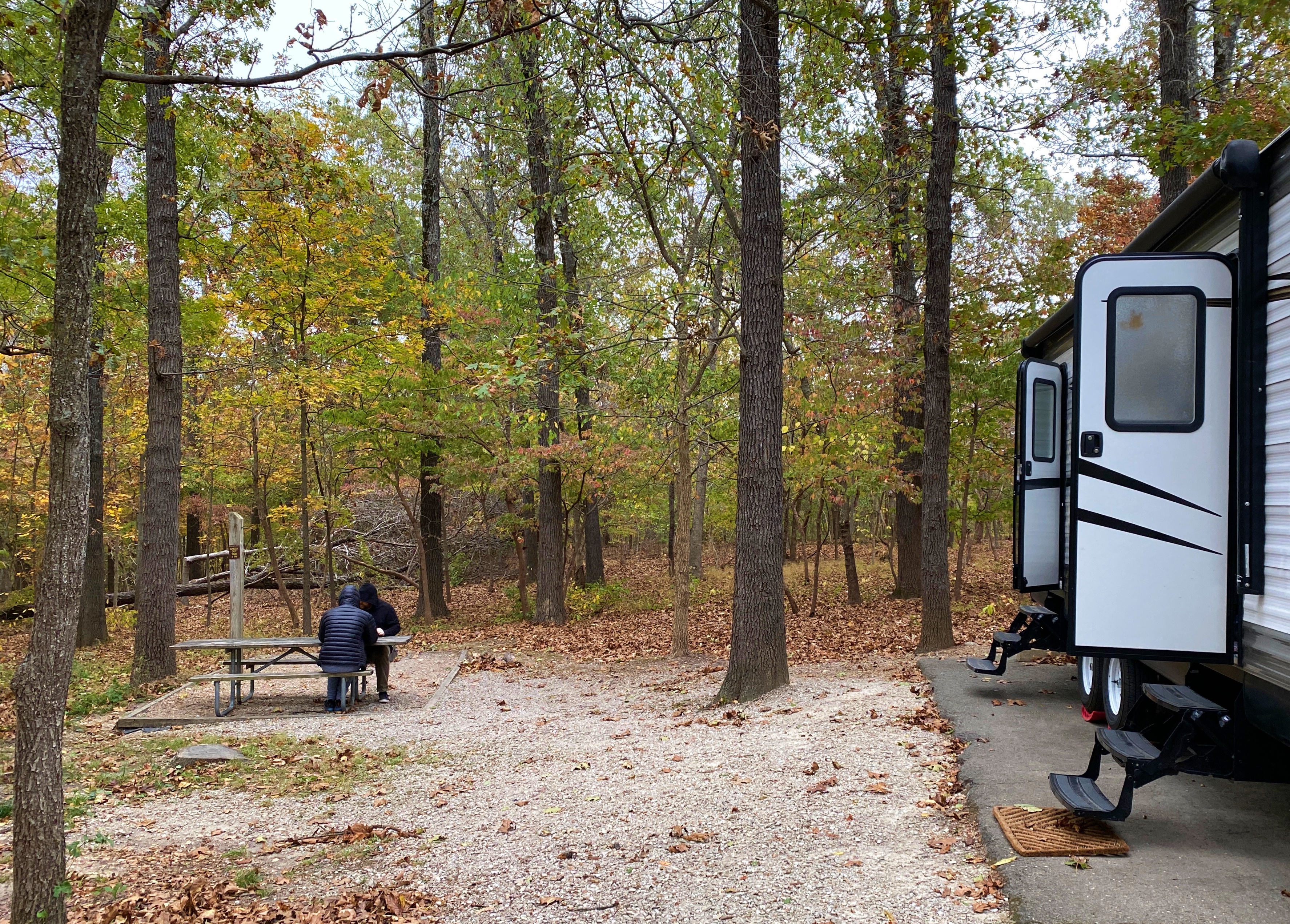 RV sitting in woods in the fall