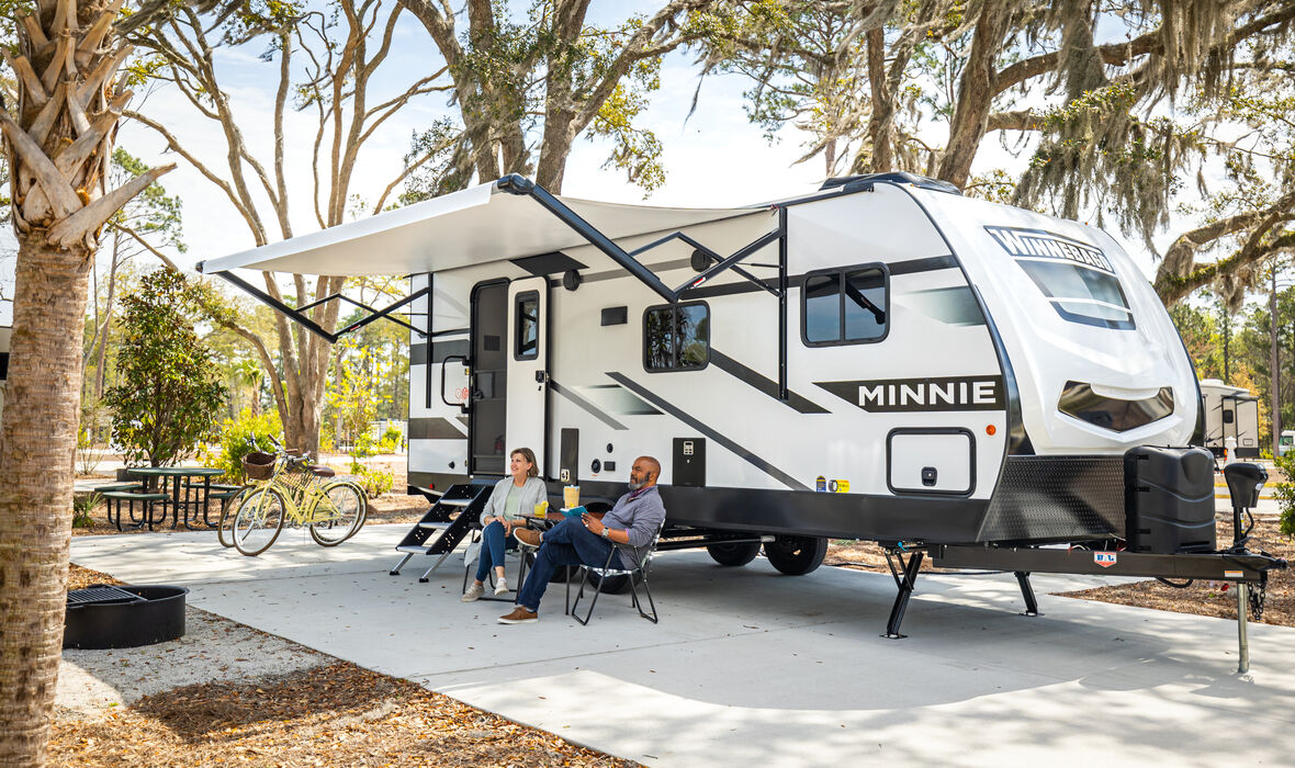 RV sitting outside at campsite