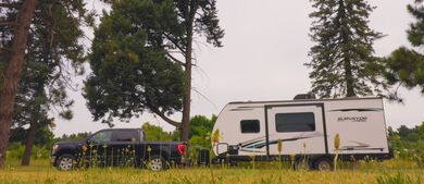 travel trailer driving in front of trees