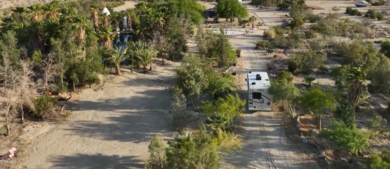 RV arriving at camp in the evening