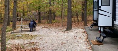 RV sitting in woods in the fall