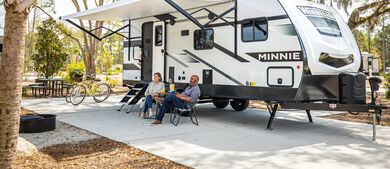RV sitting outside at campsite