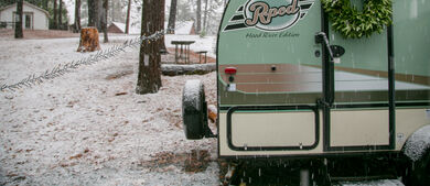 RV trailer in the snow