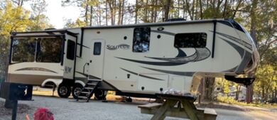 Fifth wheel next to campfire