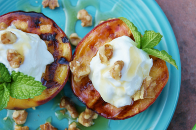 Grilled Peaches with Yogurt, Walnuts, & Honey Drizzle