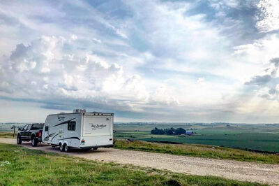towable on dirt road with clear sky
