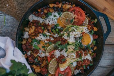Chorizo O'Brien hash close up