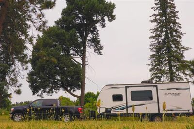travel trailer driving in front of trees