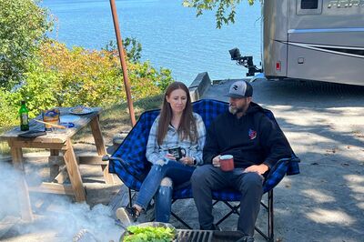 Mike and Flora in sitting outside
