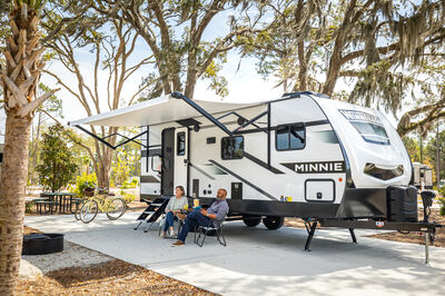 RV sitting outside at campsite