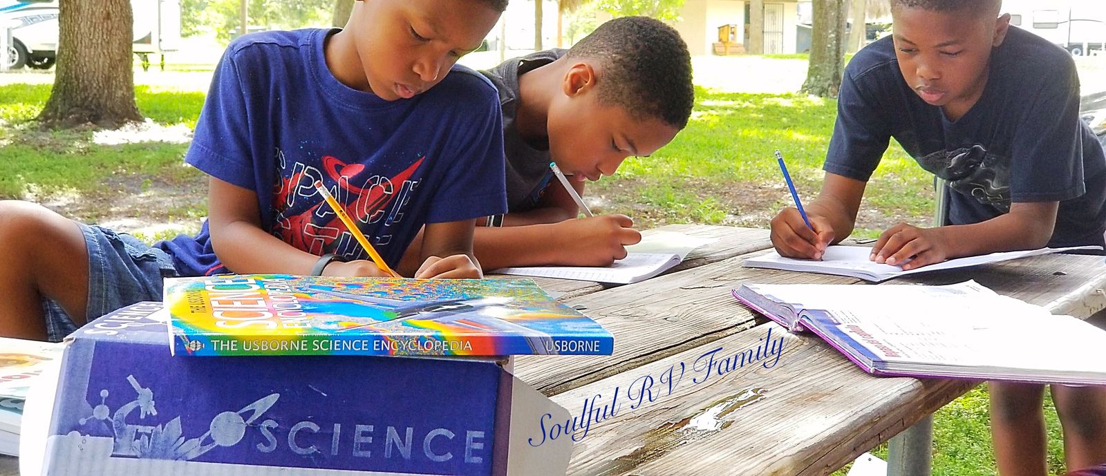 3 boys studying at picnic table