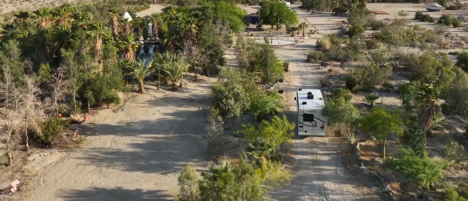RV arriving at camp in the evening