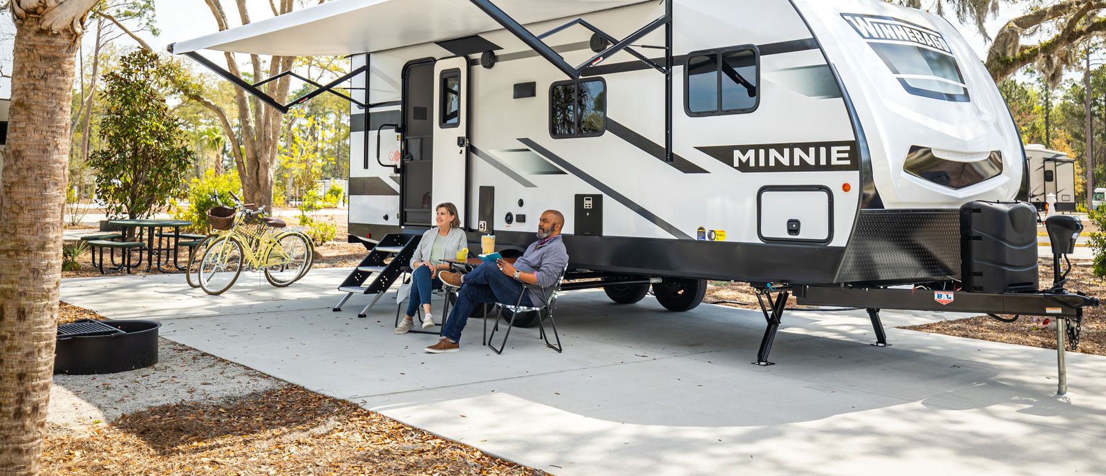 RV sitting outside at campsite