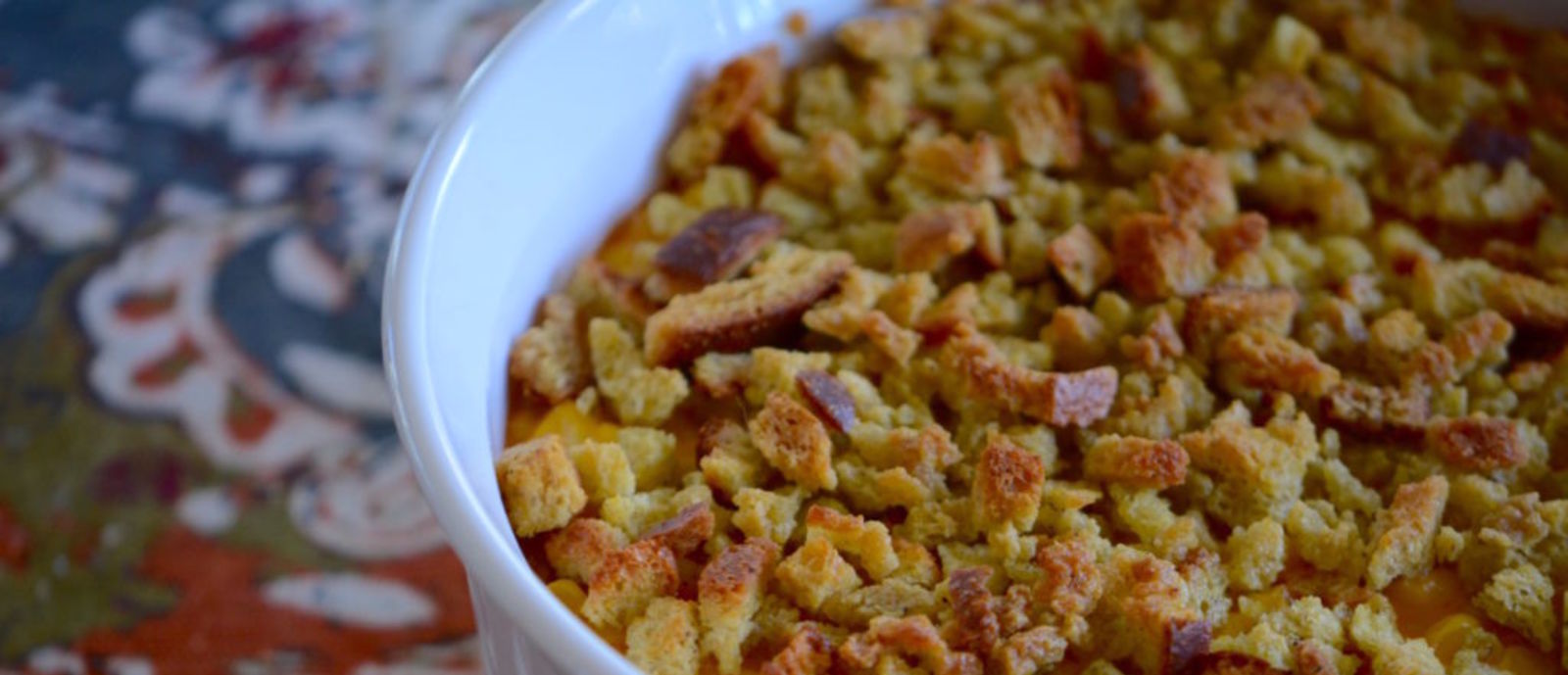 Thanksgiving stuffing in a white bowl on a table