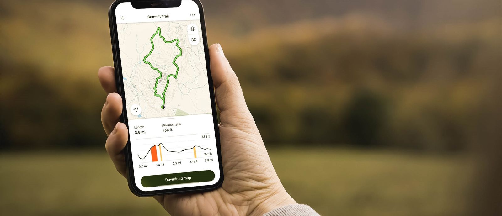 AllTrails app showing map of hiking route