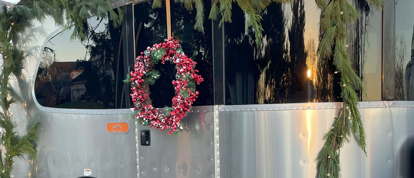 Garland and wreaths on front of RV
