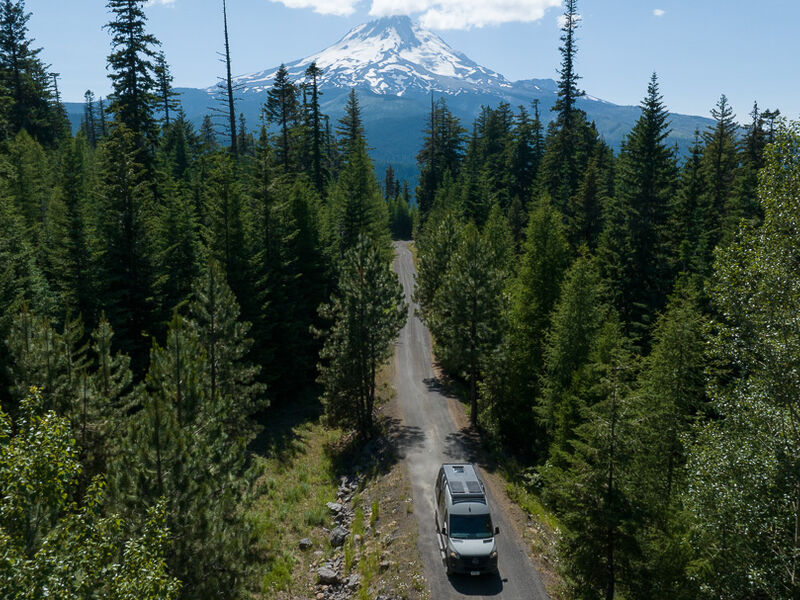 RV travel through a forest with mountain in background