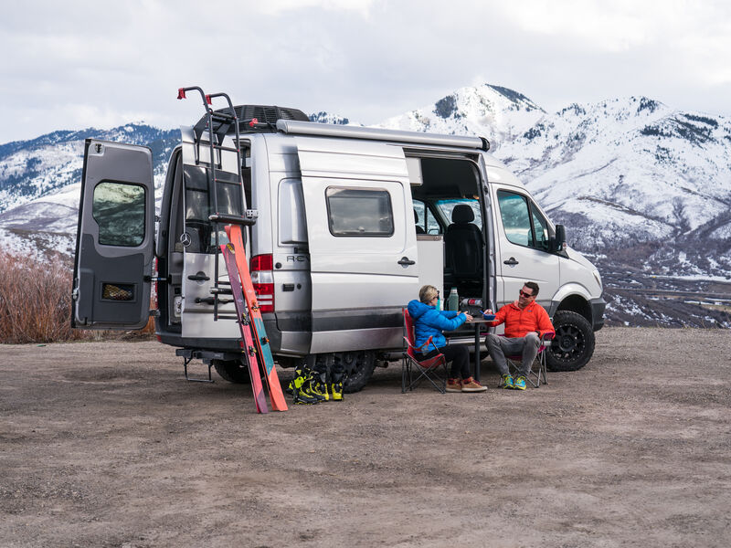 RV trip in the snowy mountains