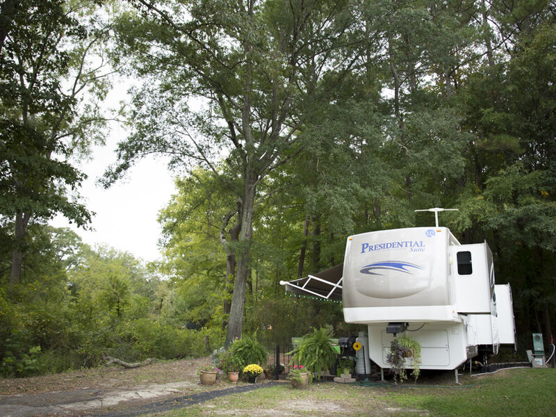 An RV parked at its campsite