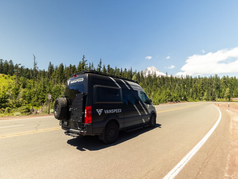 Campervan driving past pine trees