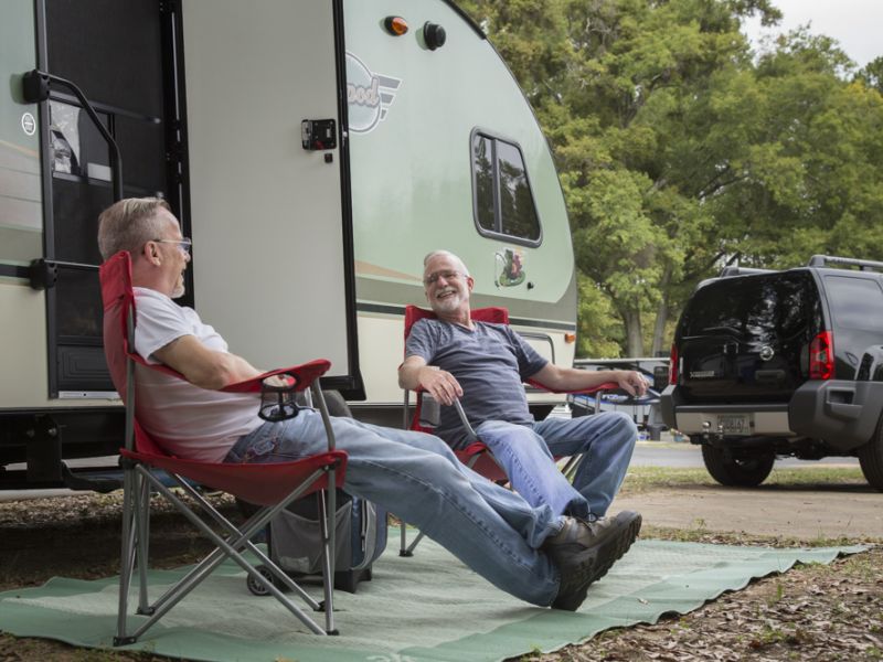 Two men relaxing outside of RV