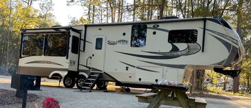 Fifth wheel next to campfire
